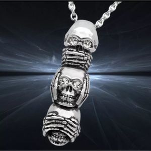 Silver titanium and skulls see hear speak no evil totem boho goth punk necklace